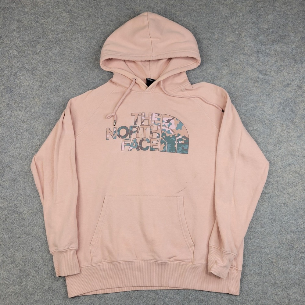 The North Face Hoodie Womens Medium Pink Camo Logo Pullover Fleece Sweatshirt